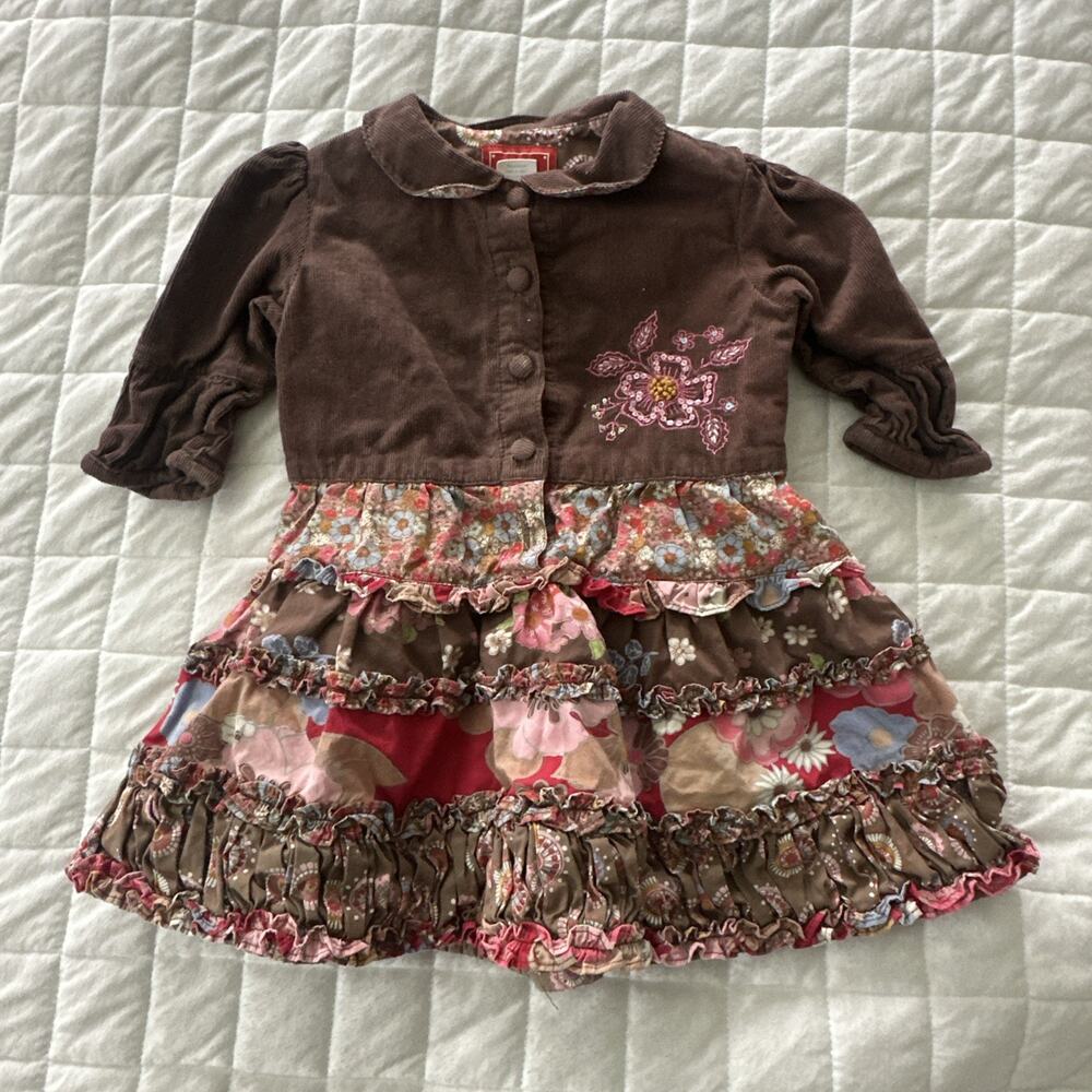 Room Seven Dress Girls US 18 Mos Brown Corduroy Patchwork Ruffle Embroidered